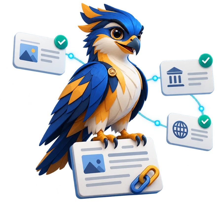 Arka the falcon, the Arka Matrix mascot, pictured reviewing editorial content placements